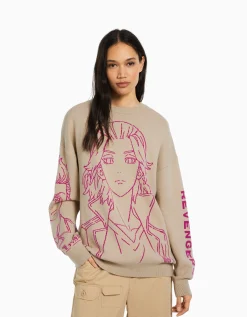 BERSHKA Pull imprimé TOKYO REVENGERS Écru Hot