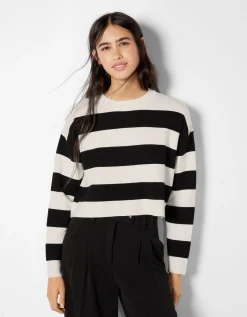 BERSHKA Pull maille col rond Blanc Store