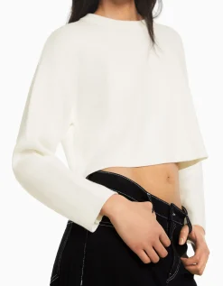 BERSHKA Pull maille col rond Blanc Best