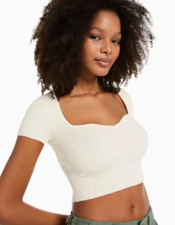 BERSHKA Pull maille manches courtes encolure cœur Rose Fashion