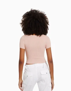 BERSHKA Pull maille manches courtes encolure cœur Rose Fashion