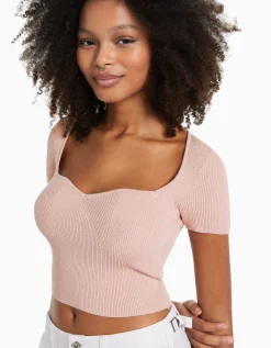 BERSHKA Pull maille manches courtes encolure cœur Rose Fashion
