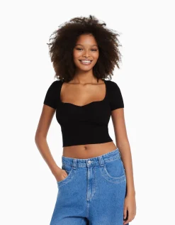 BERSHKA Pull maille manches courtes encolure cœur Rose Flash Sale