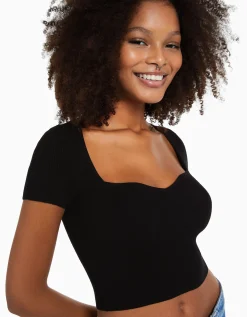 BERSHKA Pull maille manches courtes encolure cœur Rose Flash Sale