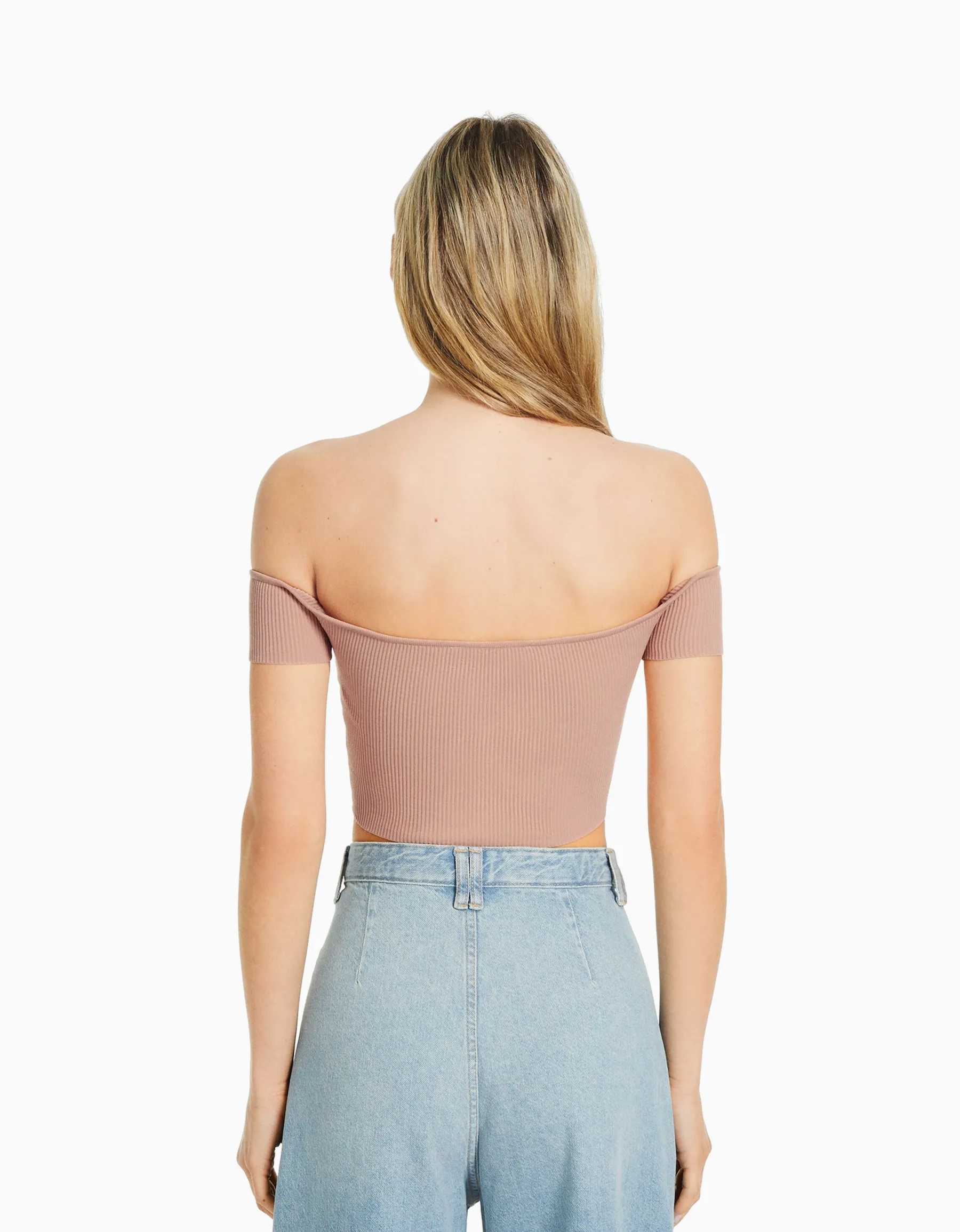 BERSHKA Pull manches courtes corset Bardot Beige Best