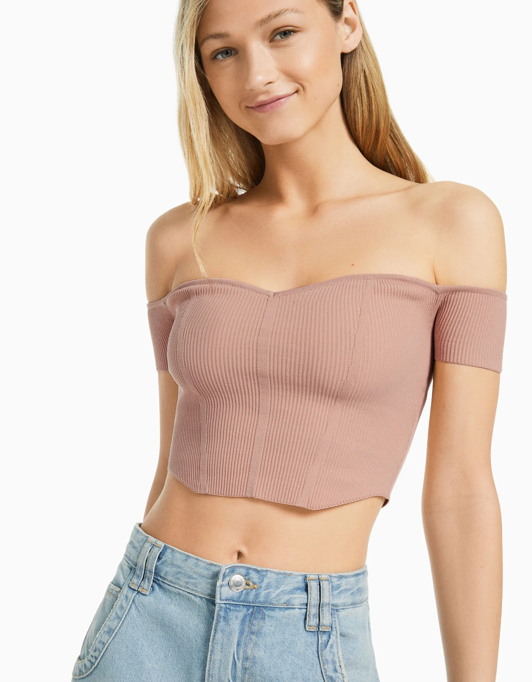 BERSHKA Pull manches courtes corset Bardot Beige Best