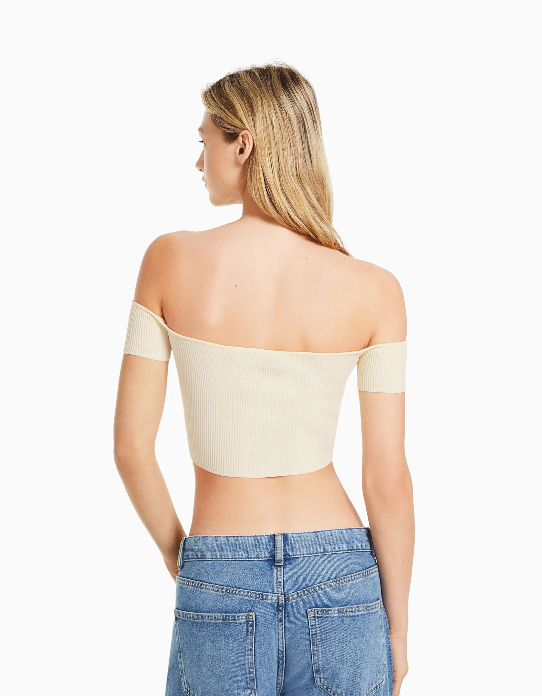 BERSHKA Pull manches courtes corset Bardot Beige Discount