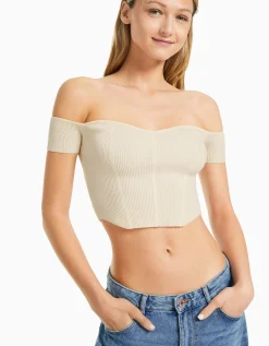 BERSHKA Pull manches courtes corset Bardot Beige Discount
