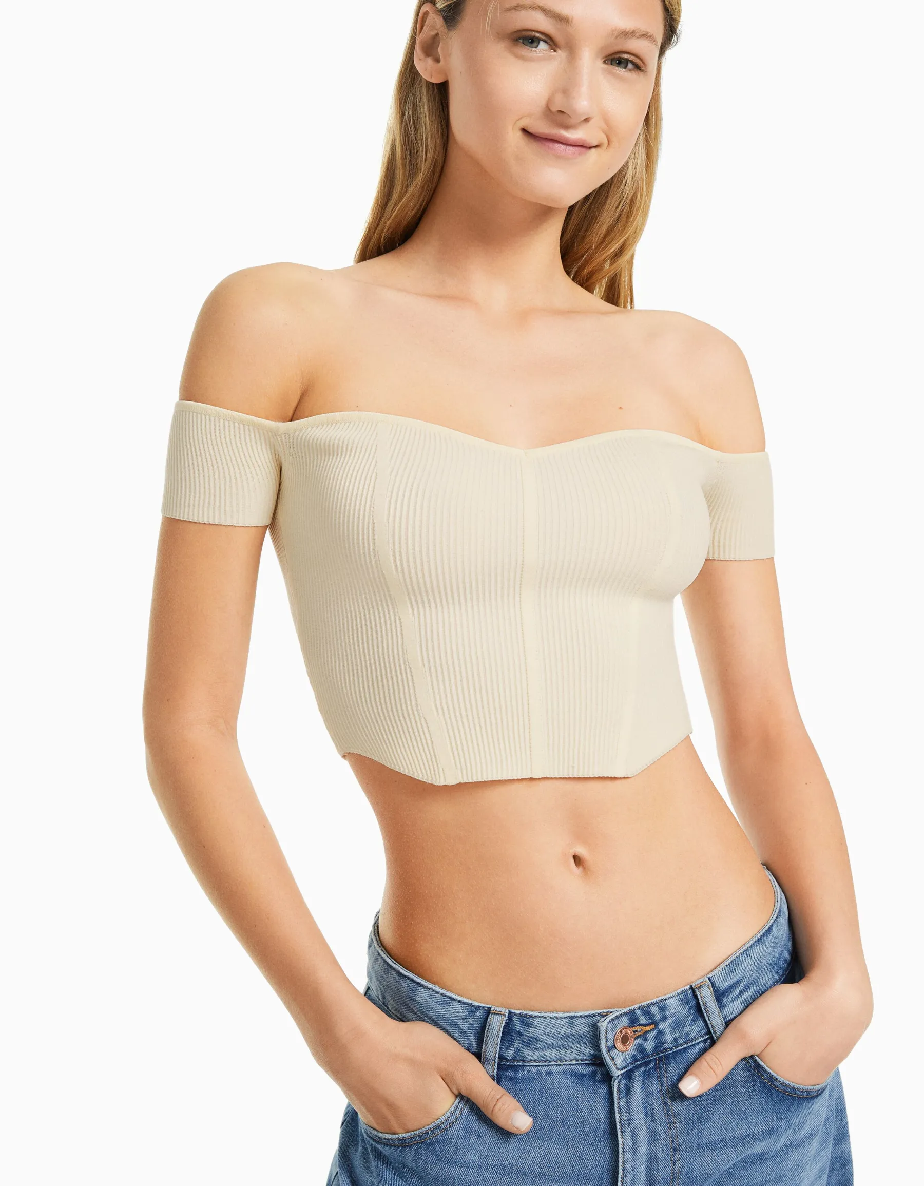 BERSHKA Pull manches courtes corset Bardot Beige Discount
