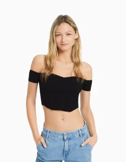 BERSHKA Pull manches courtes corset Bardot Beige Online