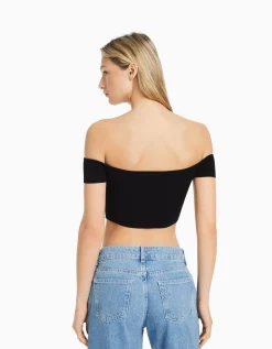 BERSHKA Pull manches courtes corset Bardot Beige Online