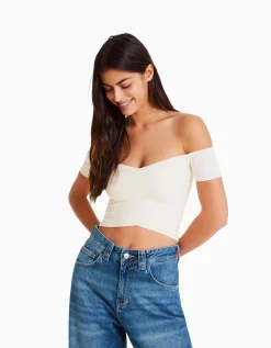 BERSHKA Pull manches courtes croisé Bleu clair Best Sale