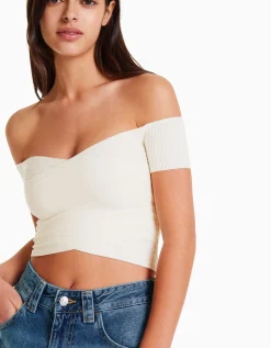BERSHKA Pull manches courtes croisé Bleu clair Best Sale