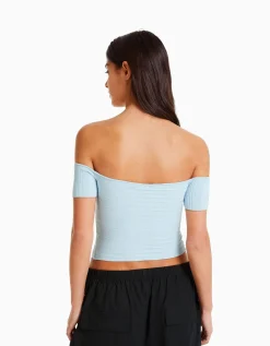 BERSHKA Pull manches courtes croisé Bleu clair Store