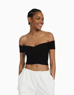 BERSHKA Pull manches courtes croisé Bleu clair Store