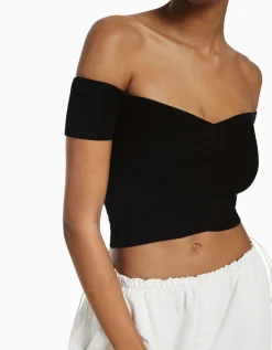 BERSHKA Pull manches courtes croisé Bleu clair Store