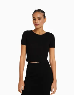 BERSHKA Pull manches courtes dos nu bord-côte Noir Cheap