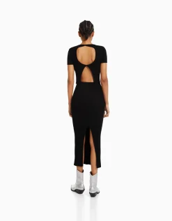 BERSHKA Pull manches courtes dos nu bord-côte Noir Cheap
