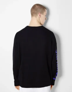 BERSHKA Pull manches longues imprimé Bleu Flash Sale