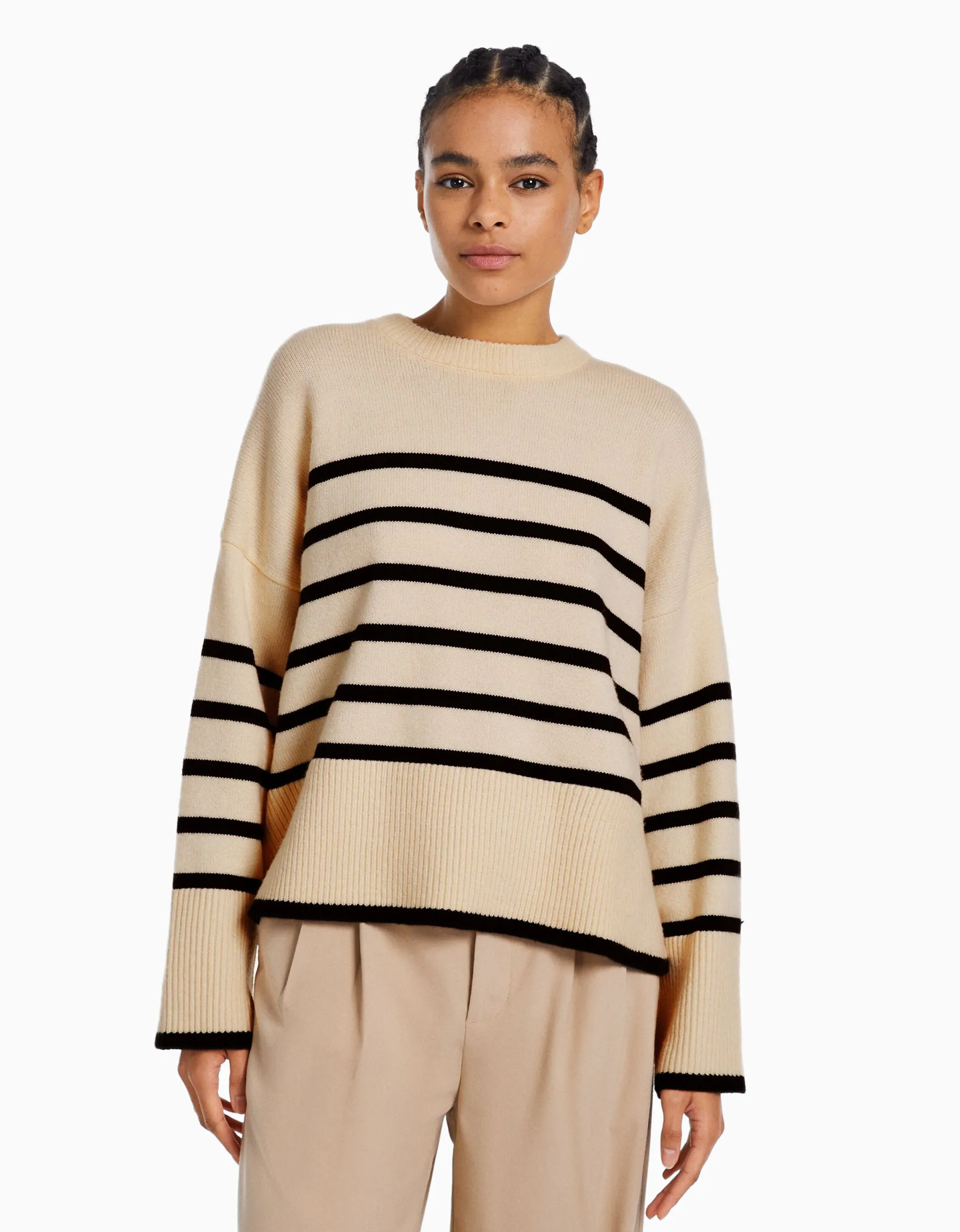 BERSHKA Pull oversize rayures Rose Outlet
