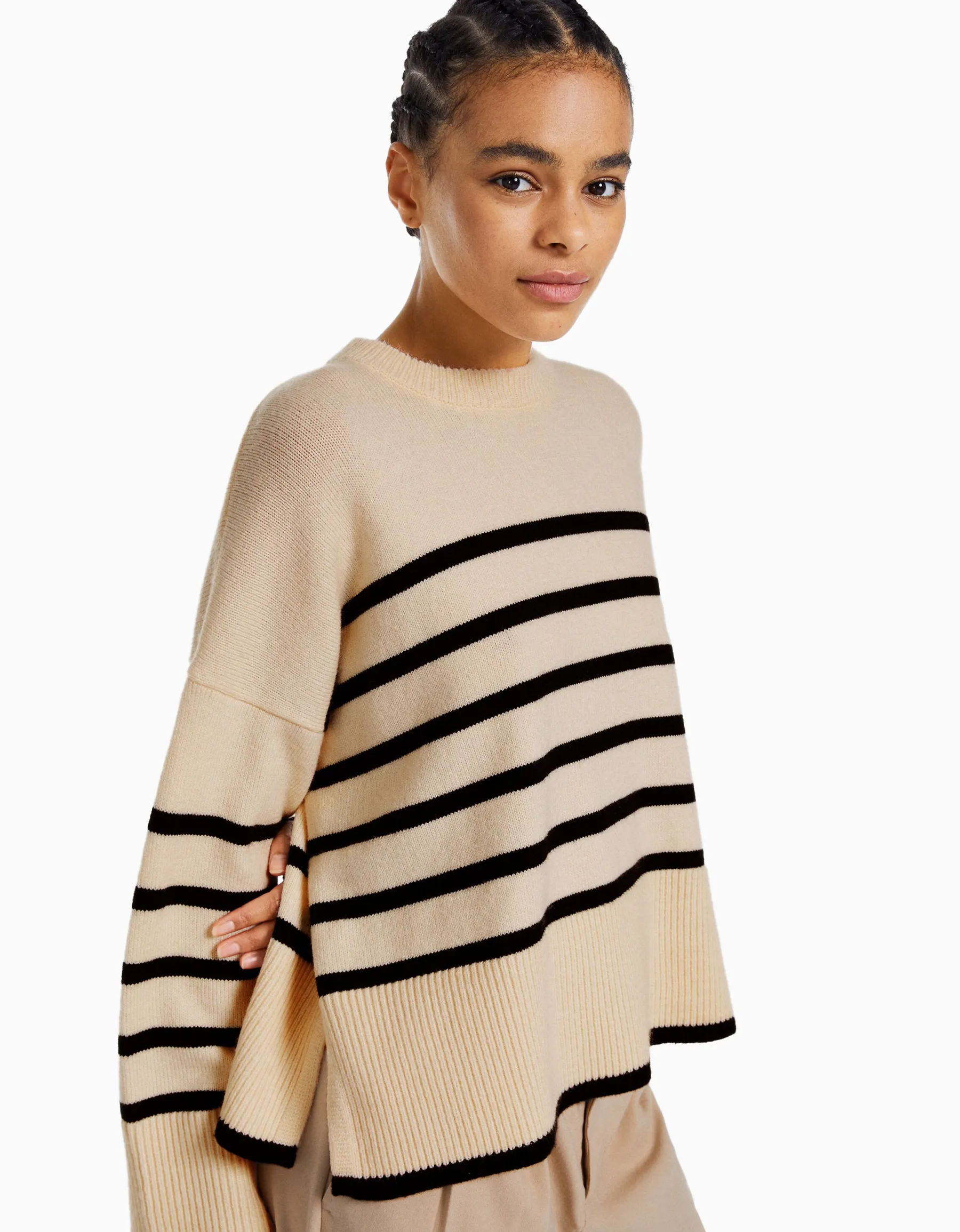 BERSHKA Pull oversize rayures Rose Outlet