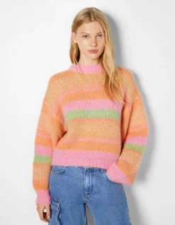 BERSHKA Pull rayé à col rond Rose Shop