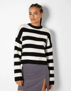 BERSHKA Pull rayé à col rond Vert Cheap
