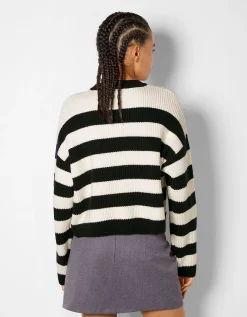 BERSHKA Pull rayé à col rond Vert Cheap