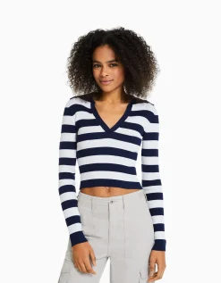 BERSHKA Pull rayé col polo bord-côte Blanc Cheap
