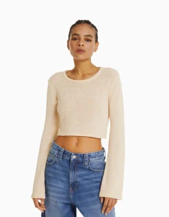 BERSHKA Pull rustique col rond Écru Flash Sale