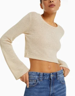 BERSHKA Pull rustique col rond Écru Flash Sale