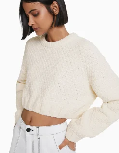BERSHKA Pull texturé chenille Vert Cheap