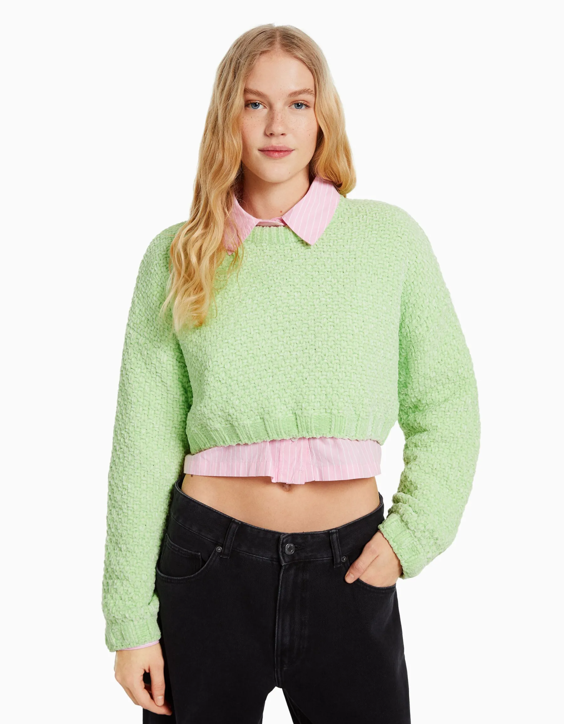 BERSHKA Pull texturé chenille Vert Shop