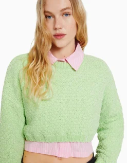 BERSHKA Pull texturé chenille Vert Shop