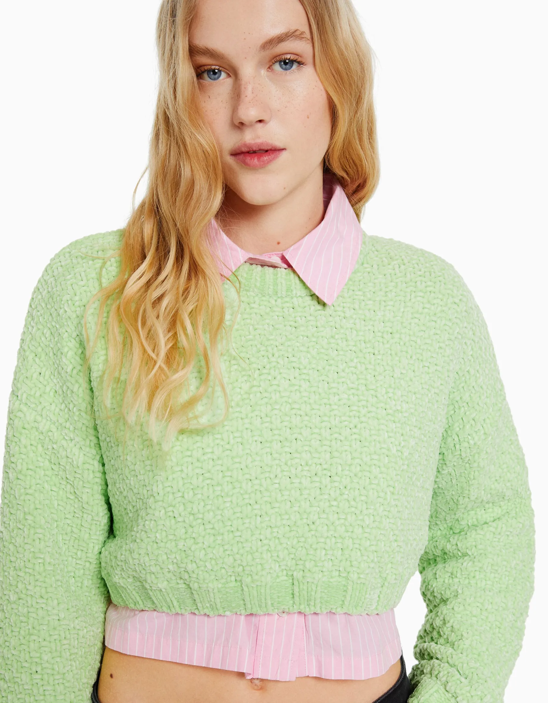 BERSHKA Pull texturé chenille Vert Shop