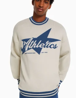 BERSHKA Pull varsity Écru Best