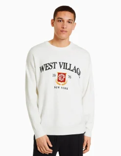 BERSHKA Pull varsity brodé Blanc Store