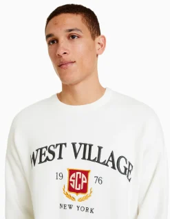 BERSHKA Pull varsity brodé Blanc Store