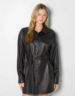 BERSHKA Robe chemise manches longues ceinture similicuir Noir Best