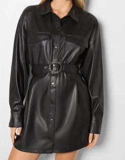 BERSHKA Robe chemise manches longues ceinture similicuir Noir Best