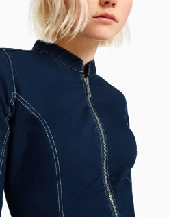 BERSHKA Robe denim moulante manches longues fil contraste Marine Online
