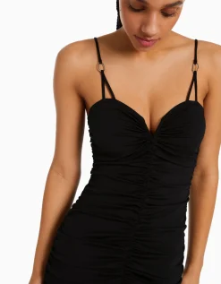 BERSHKA Robe froncée détail décolleté Noir Hot