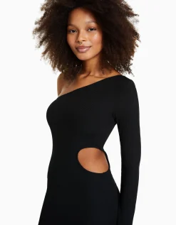 BERSHKA Robe longue asymétrique manches longues cut out Noir Fashion