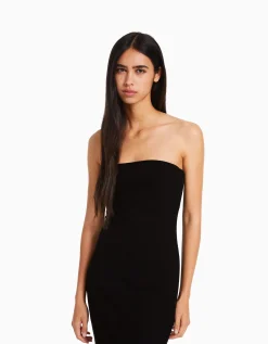 BERSHKA Robe longue bord-côte Noir Discount