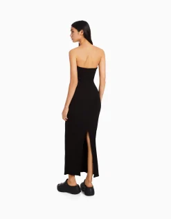 BERSHKA Robe longue bord-côte Noir Discount