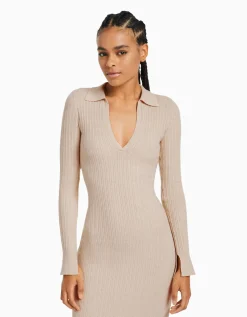 BERSHKA Robe longue col polo maille Sable New
