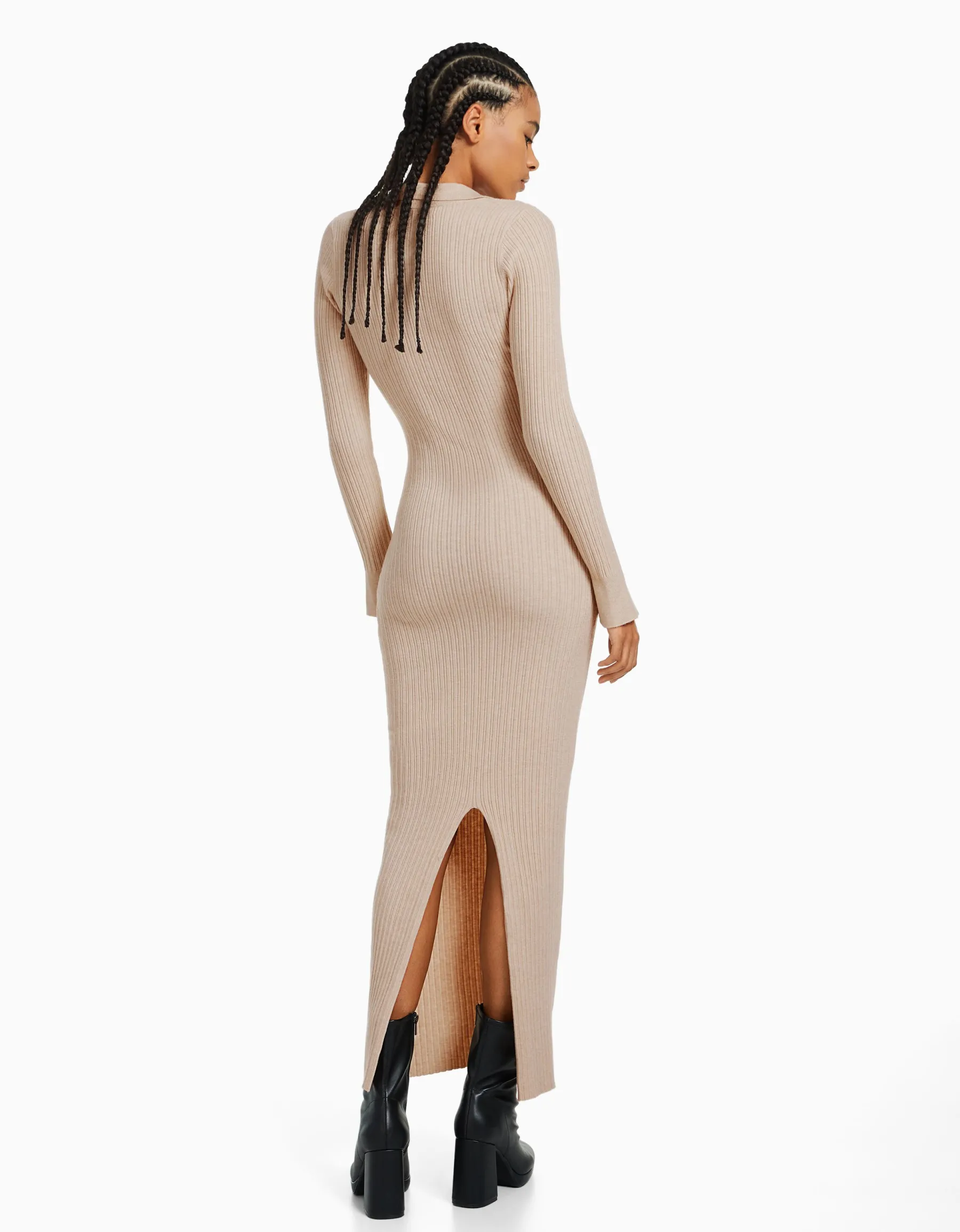 BERSHKA Robe longue col polo maille Sable New
