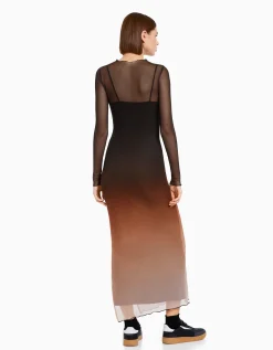 BERSHKA Robe longue manches longues tulle imprimé Noir Fashion
