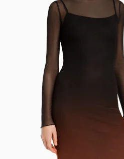 BERSHKA Robe longue manches longues tulle imprimé Noir Fashion
