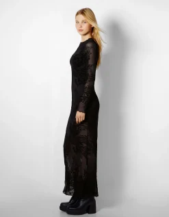 BERSHKA Robe longue manches longues tulle imprimé dragons Noir Clearance